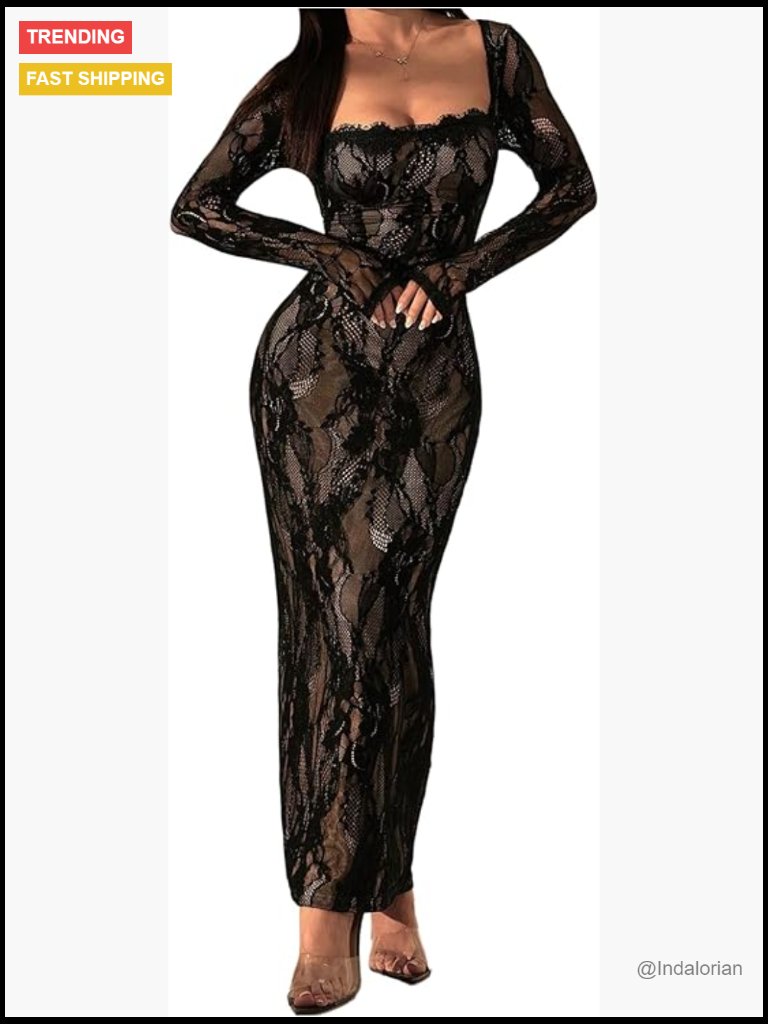 Floral Lace Slit Back Fishtail Long Dress Square Neck Bodycon Cocktail